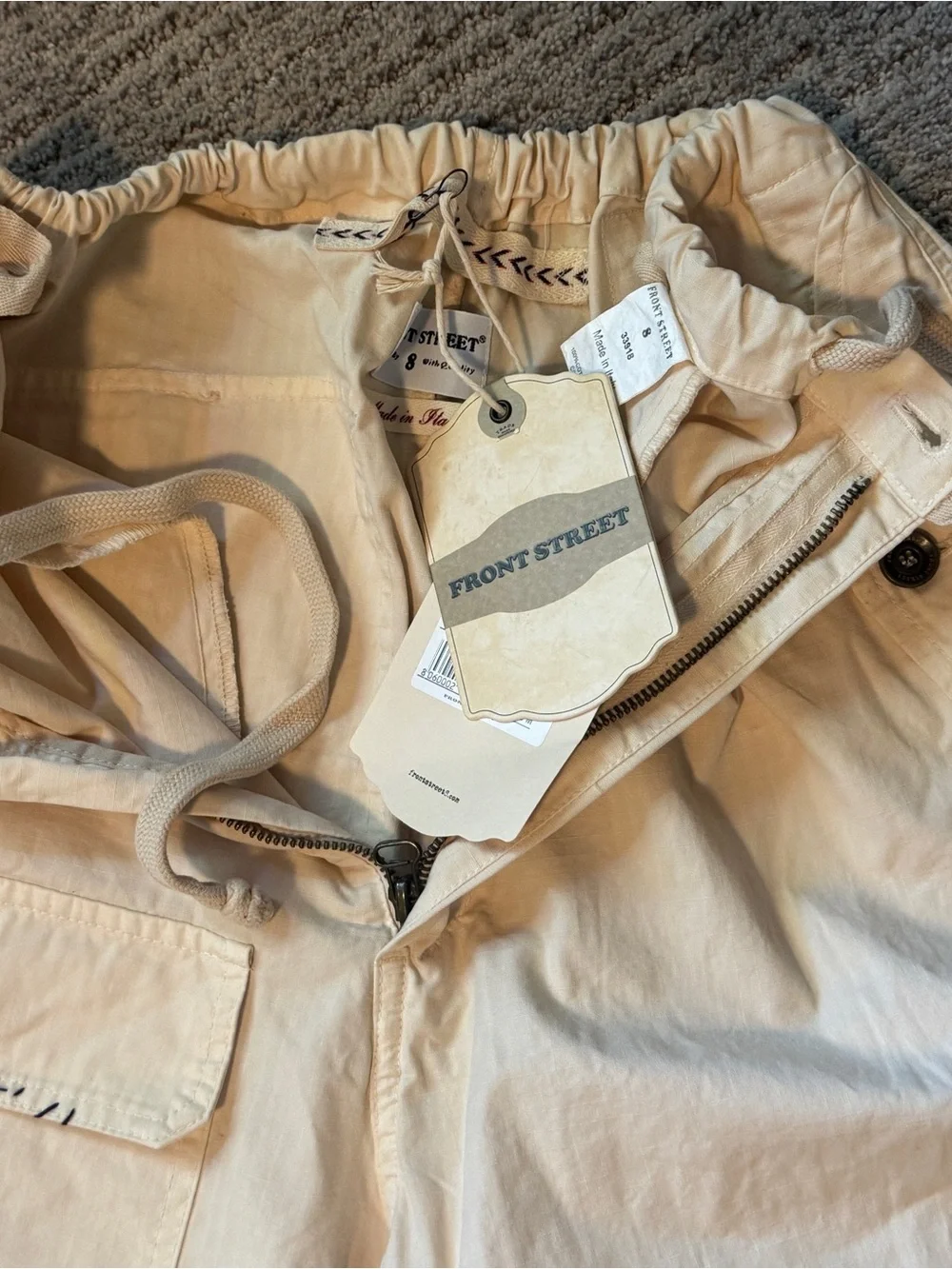 Front Street 8 NWT Ivory Beige Cargo Jogger Pants Euro Style Made in Italy Med